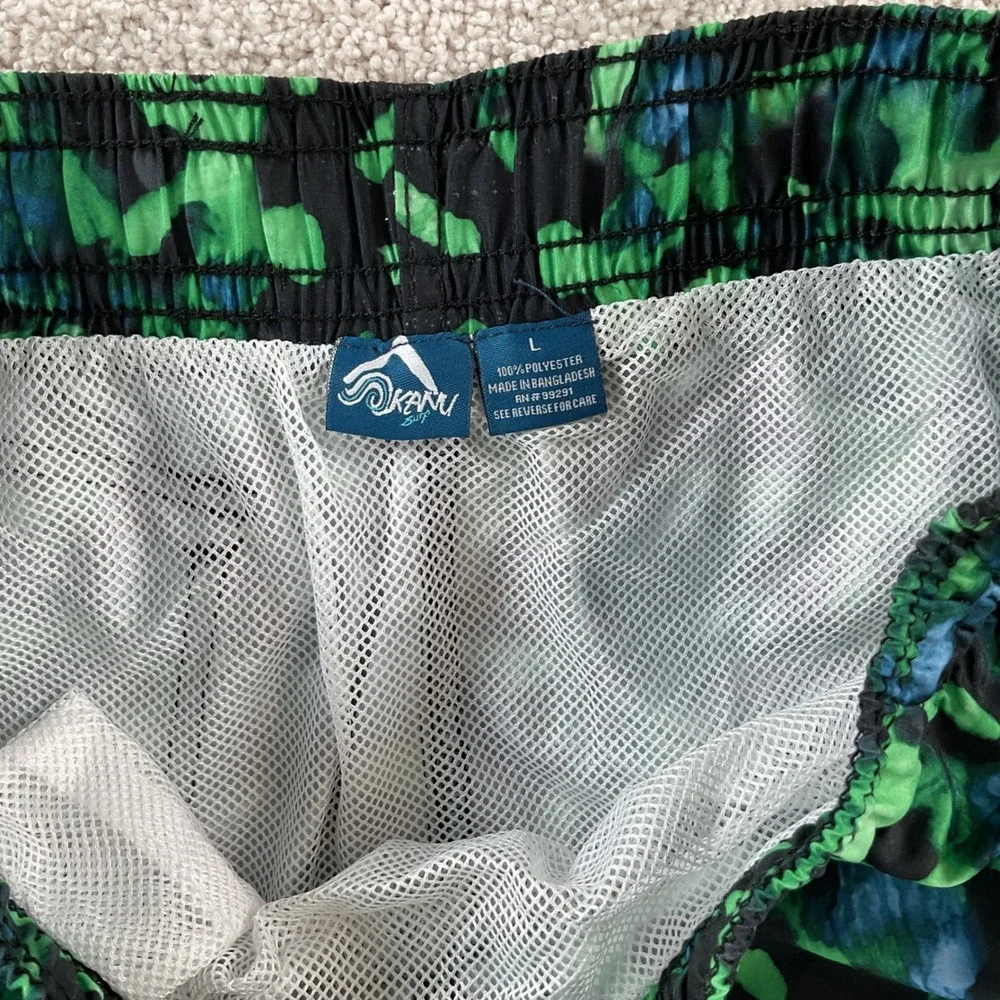 Kanu Surf Mens Hydro Swim Trunks Green Black‎ Abstract Camo Mesh Lined Large NEW